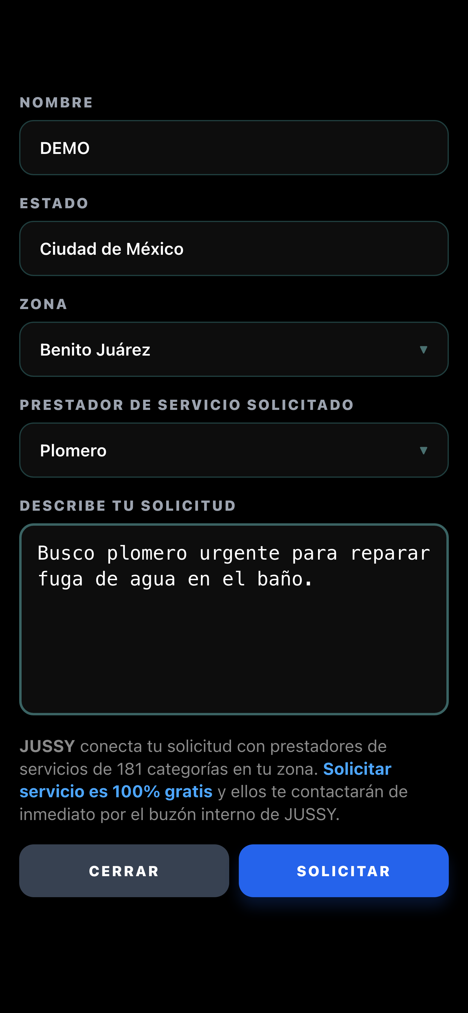Formulario solicitar servicio en JUSSY: zona, prestador, describe tu solicitud y botón Solicitar