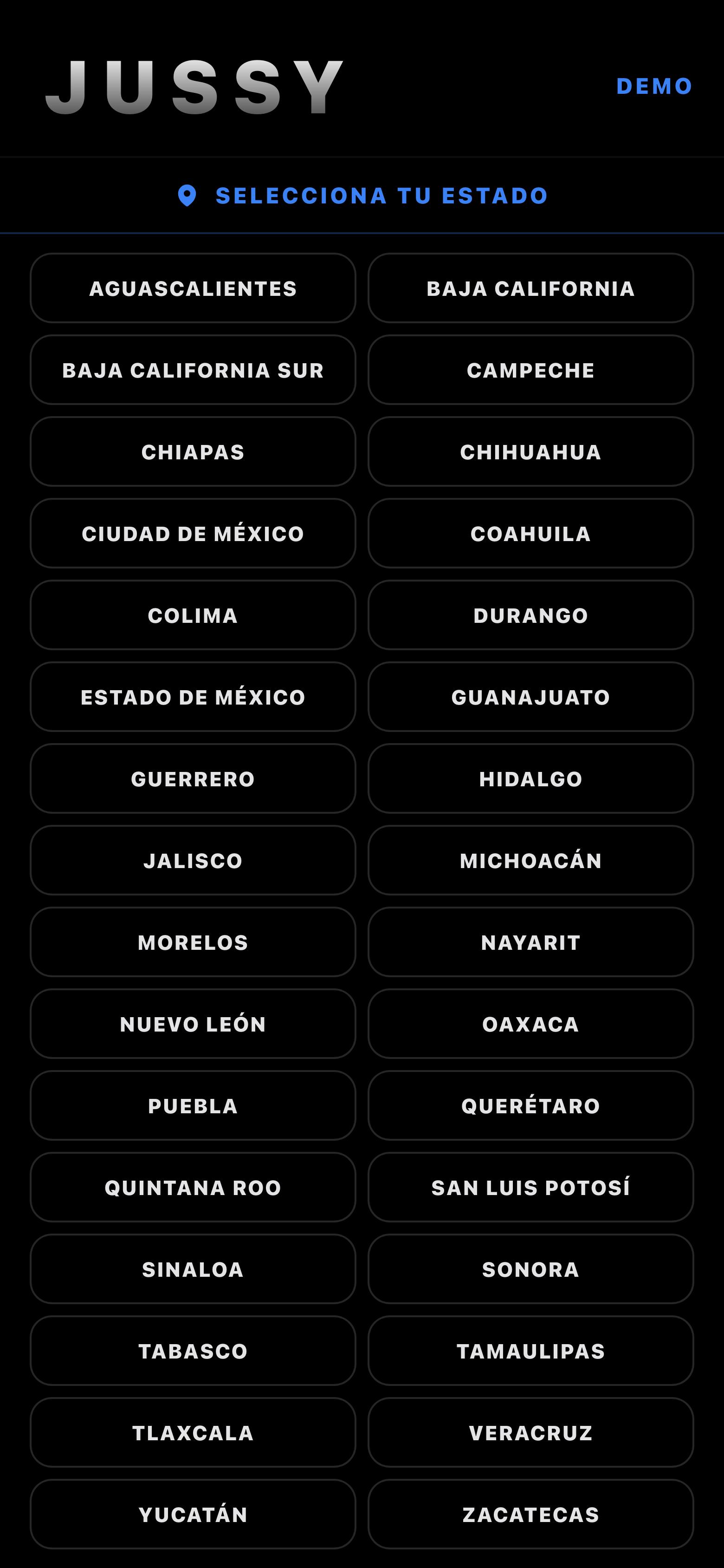 Vista del home de la app JUSSY con selección de estados en México