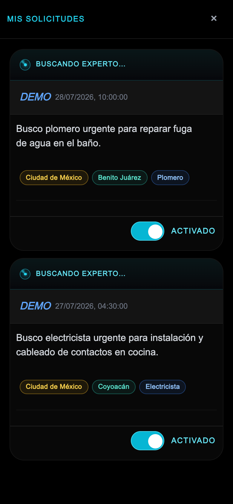 Mis solicitudes en JUSSY: listado de solicitudes publicadas