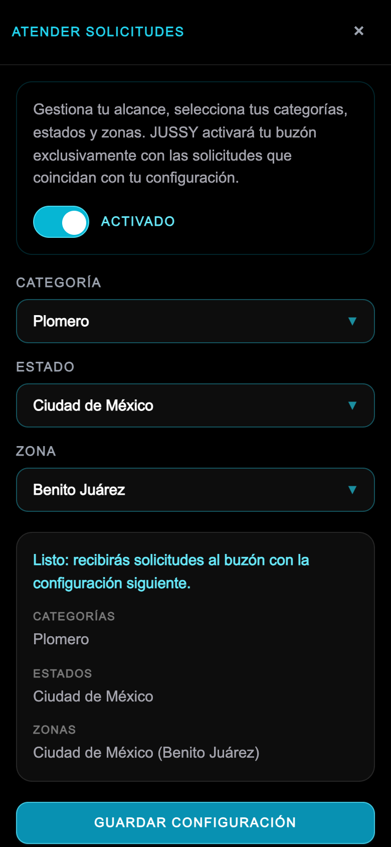 Configuración atender solicitudes en JUSSY: categoría, estado, zona y buzón activado